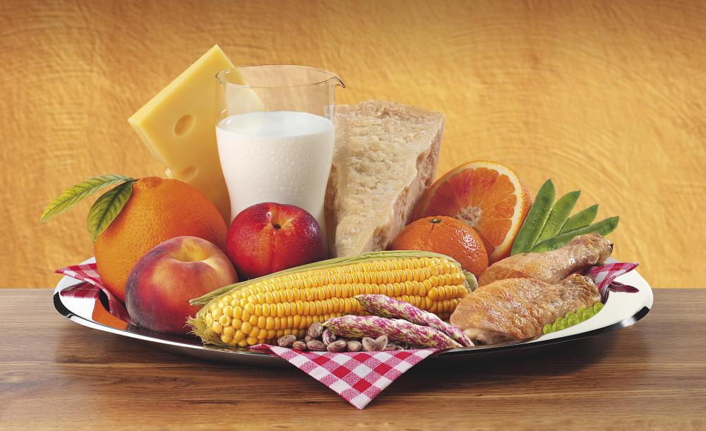 A variety of foods containing carbohydrates, protein, and fats make up a balanced diet.