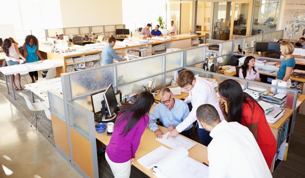 Some modular cubicles are constructed from wood and opaque glass and suitable for a busy, open office.