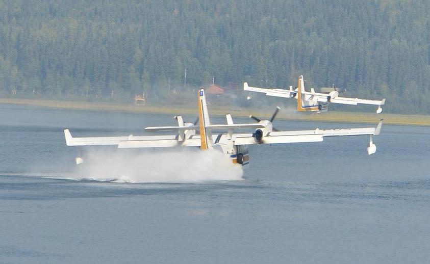 The CL-215 is an example of a true seaplane, as its fuselage can act as a buoyant hull.