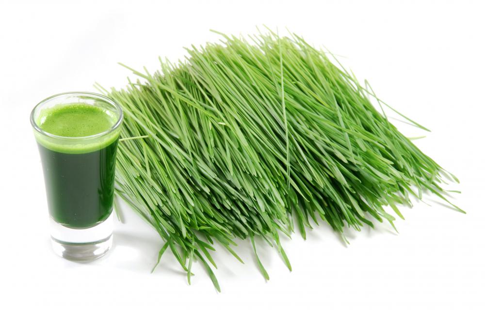 Cut wheatgrass and a glass of wheatgrass juice.