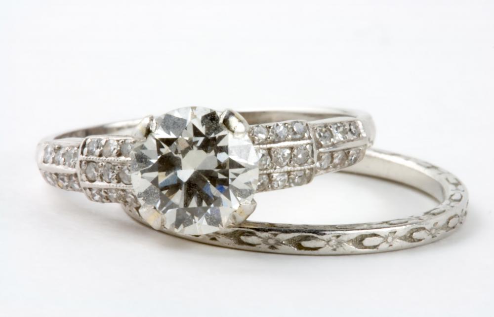 A matching engagement ring and wedding band.