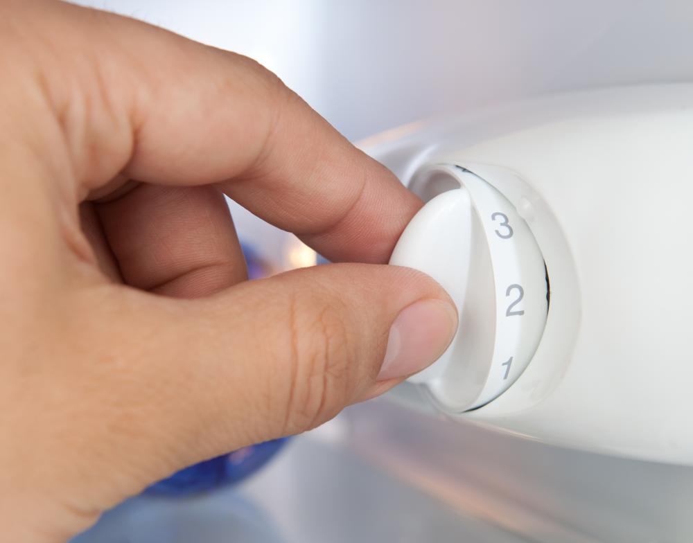 Usually located on the inside of a refrigerator, a refrigerator thermostat controls the refrigerator cooling system which can be adjusted using knobs.