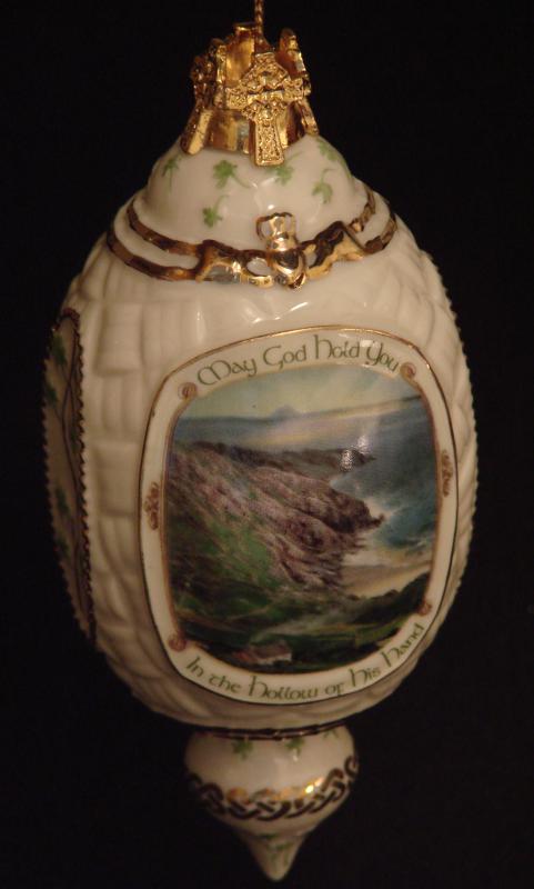 The final line of the most well known Irish Blessing is, "May God hold you in the hollow of His hand," as displayed on this ornament.