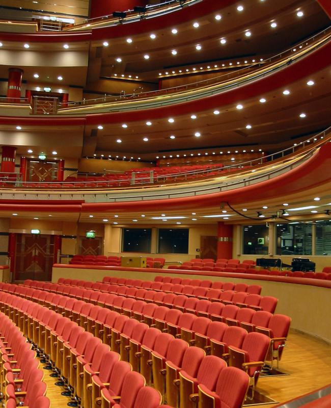 Concert halls use sound baffles to improve the acoustics.