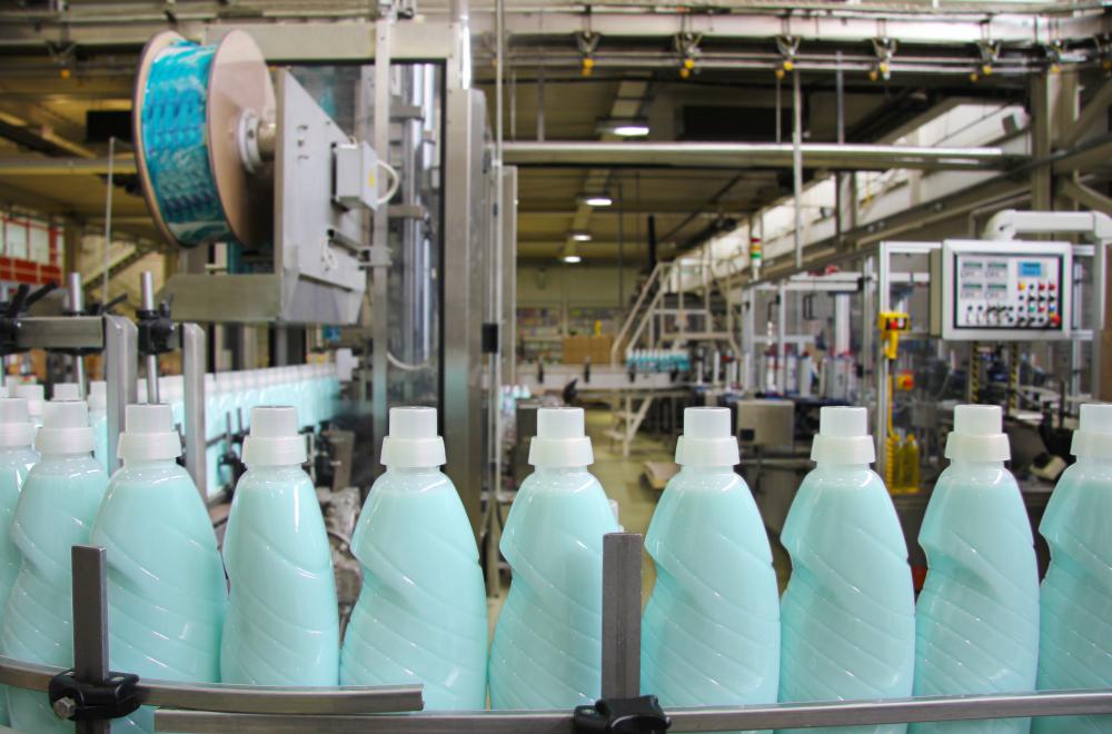 Bottling plants for products like laundry detergent use automated repetitive manufacturing processes.