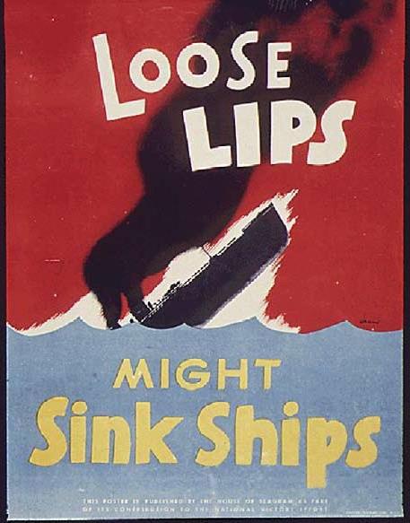 A propaganda poster reminding people not to discuss information critical to national security.