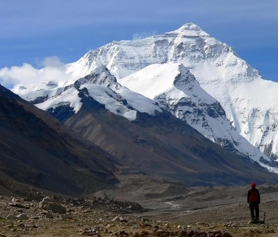 Man looking up at Mt. Everest.