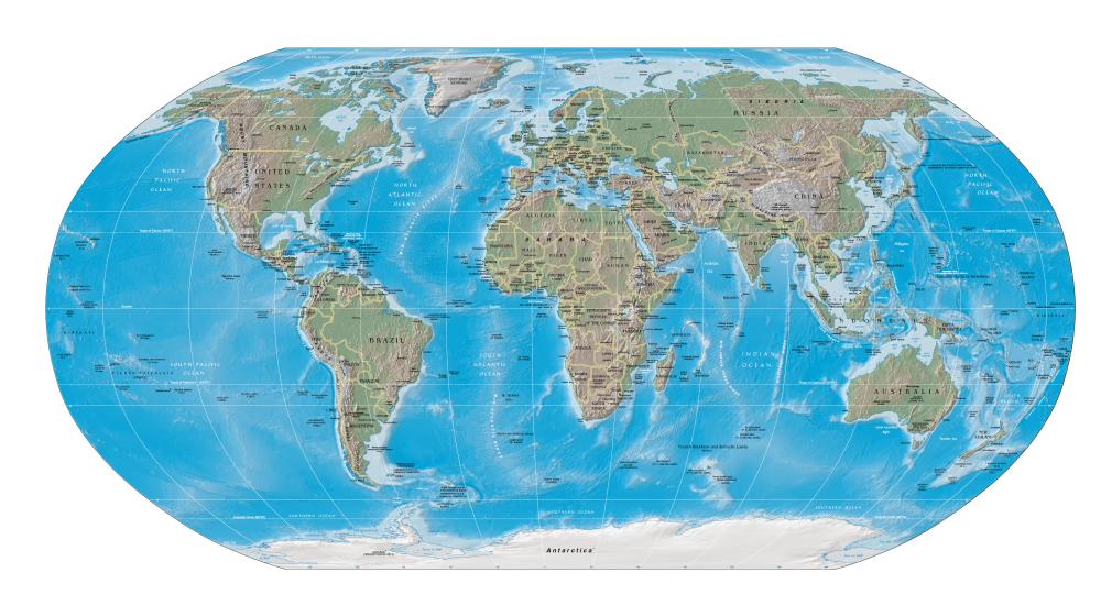 Map projection allows the globe to be shown as a flat map.