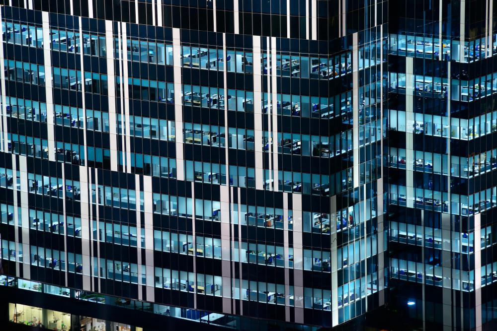 Energy-efficient tinted glass is also a design feature of many modern office buildings.