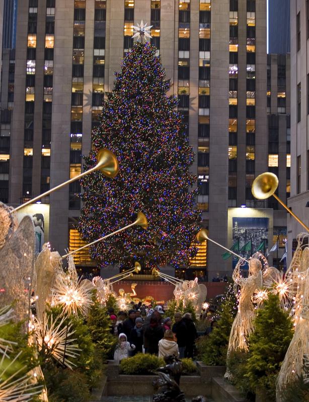 The tree at Rockefeller Center in New York City is decorated for Christmas every year.