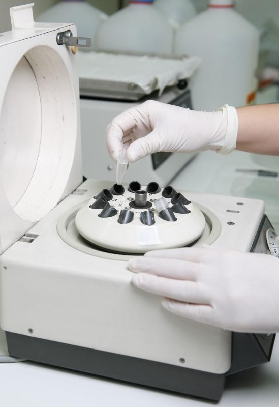 Scientist placing a test tube of urine in a centrifuge.