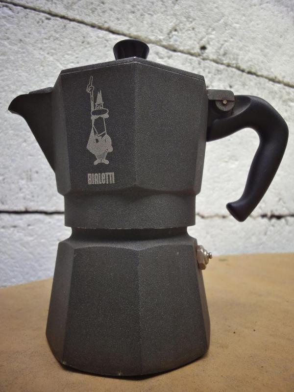 An anodized stove-top espresso maker.