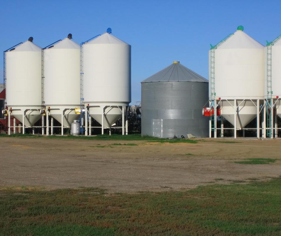 A silo for grain storage is a common type of farm building.