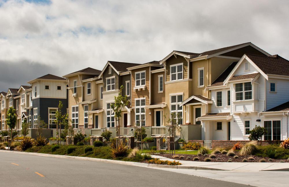 Plants, pathways, and lawns make up landscaping around buildings and homes.