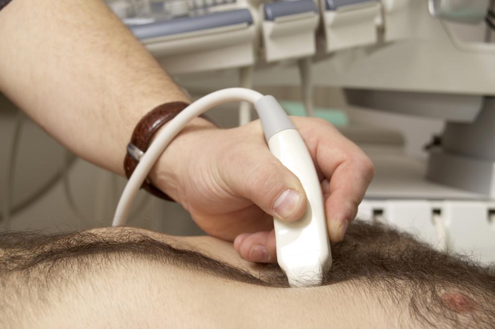 Ultrasound transducer on chest.