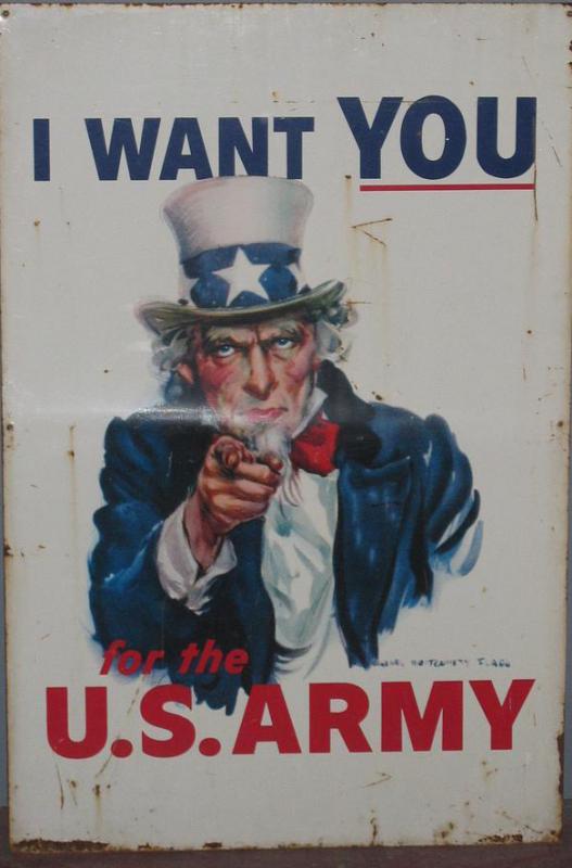 A propaganda poster with a caricature of Uncle Sam, a representation of America, encouraging people to join the army.