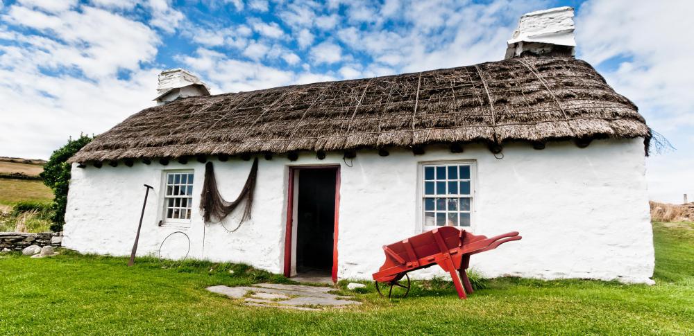Thatched-roof cottage, Wales.