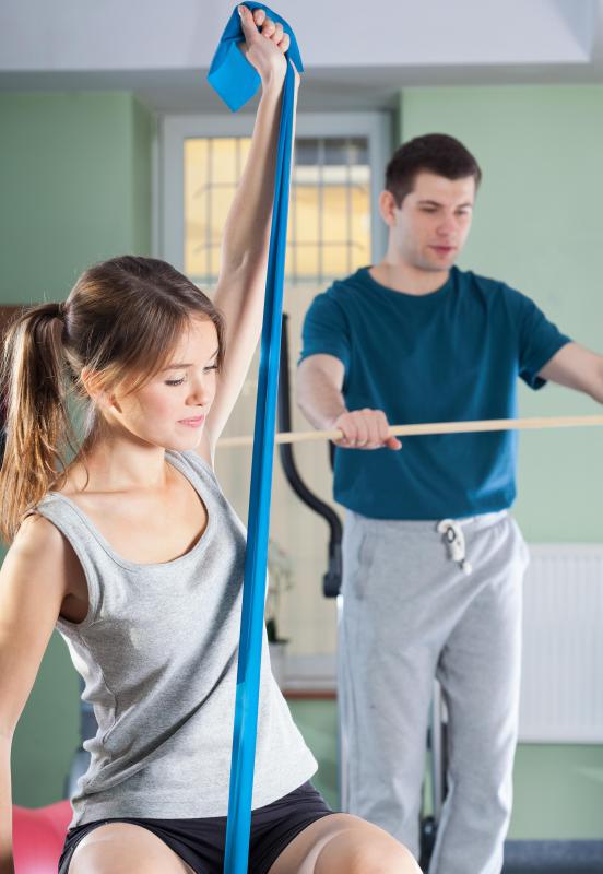 Sometimes used by the disabled or to rehabilitate an injury, exercise bands stretch -- like giant rubber bands -- to provide resistance when used for working out.
