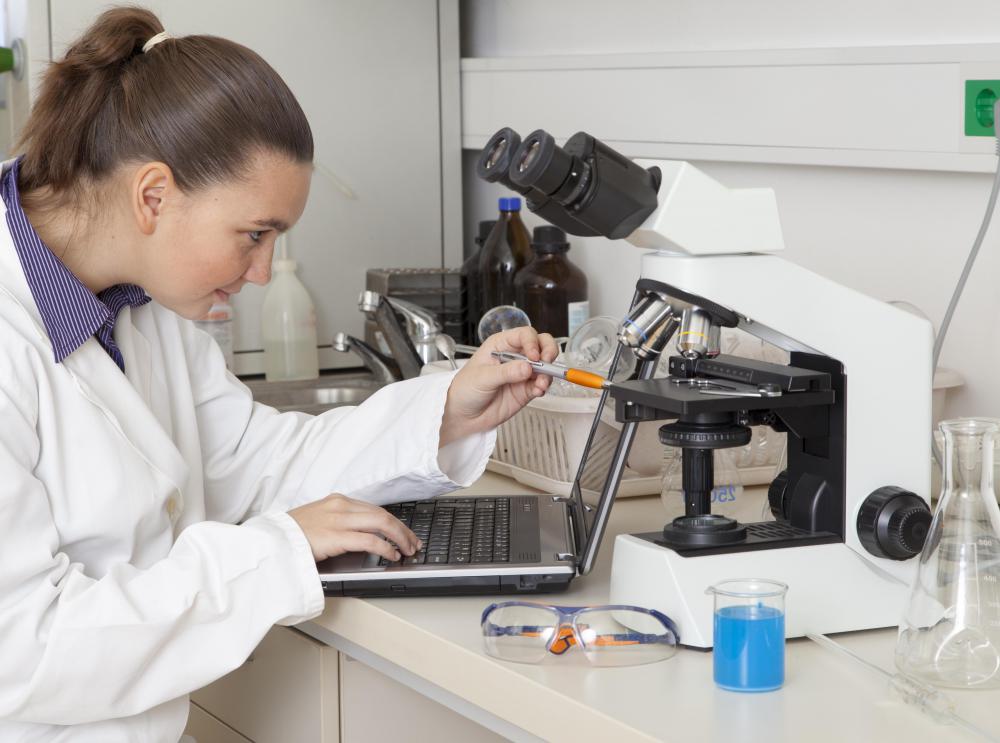 Common equipment found within a microbiology lab include beakers, microscopes, and computers.