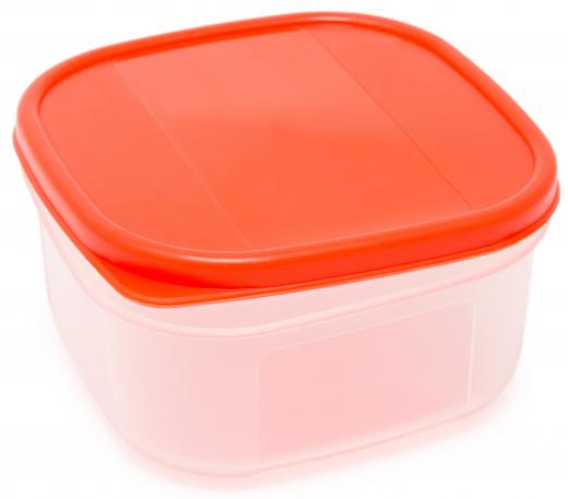 A plastic food storage container.